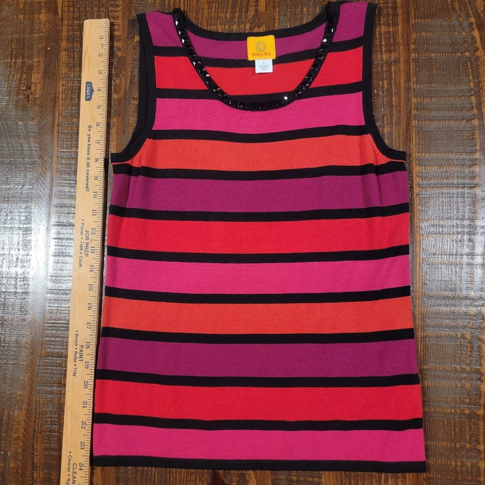 Ruby Rd. Multicolor Striped Beaded Scoop Neck Knit Top Stretch Size Small Women